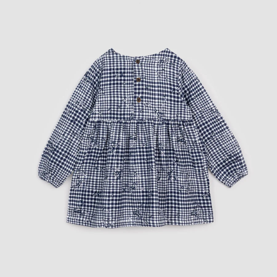 Floral Embroidered Flannel Dress - Blue Check