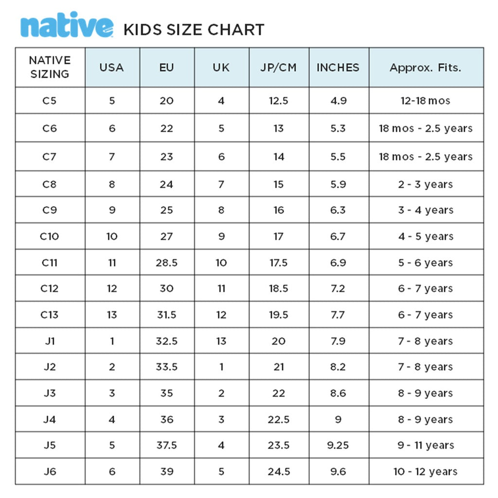 Nativeshoes Native Jefferson Size Chart Kids' Classic Slip On Shoes Jefferson Native Shoes™