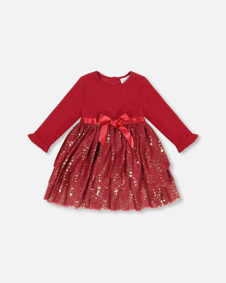 Mixed Media Dress with Glitter Tulle Skirt - Rumba Red