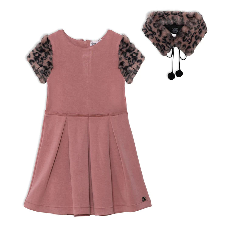Fake Fur Dress with Detachable Collar - Dusty Rose